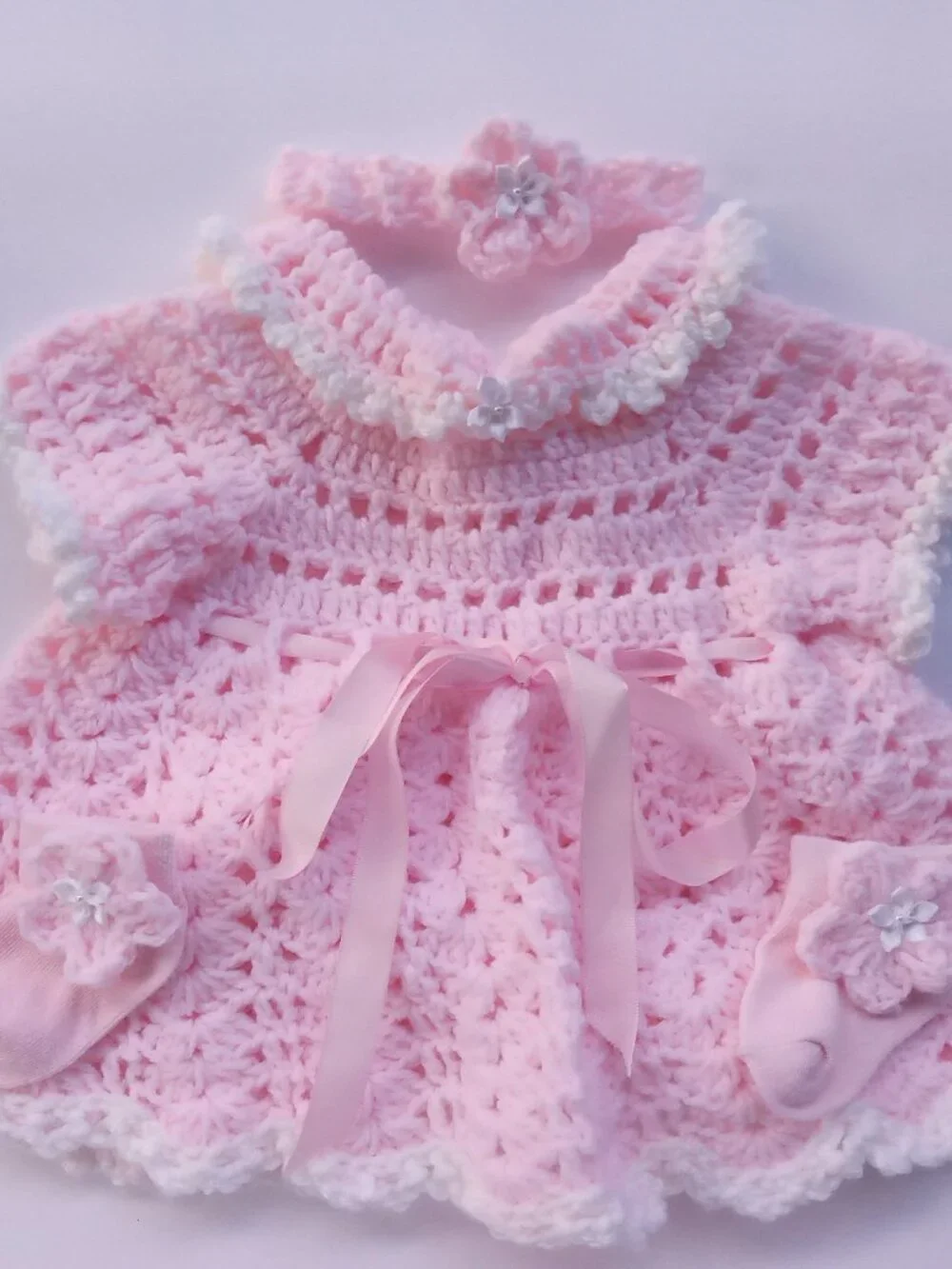 Handmade Crochet Baby Girl Dress Set 0-3 Months, Pink & White Outfit & headband